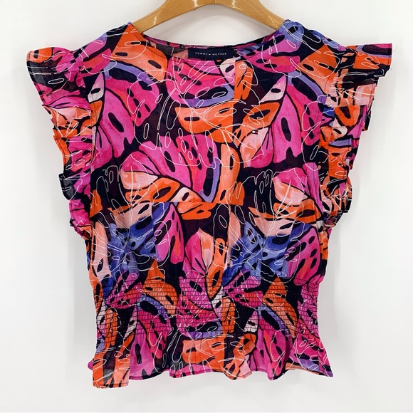 Tommy Hilfiger NWT Leaf Print Flutter Sleeve Smock Waist Blouse, XS - Picture 12 of 16